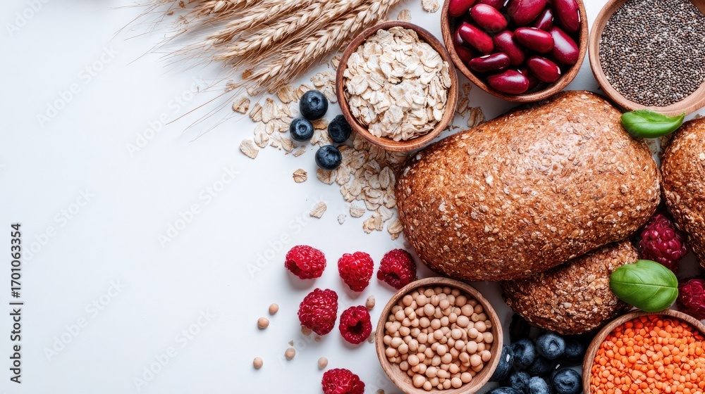 Obraz premium Assorted grains, legumes, and berries arranged on a white surface
