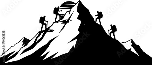 Three hikers ascend a mountain peak hiking mountain climbing