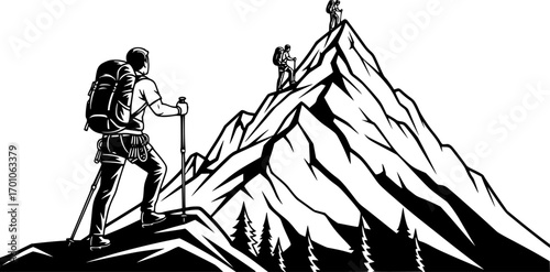 Three hikers ascend a mountain peak hiking mountain climbing