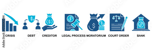 Bankruptcy icon set In Blue Monochrome Flat Design, Vector Illustration concept relate to icon of crisis, debt, creditor, legal process, moratorium, court order, and bank