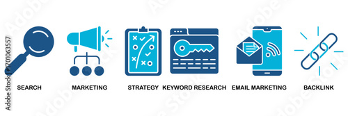 Seo marketing icon set In Blue Monochrome Flat Design, Vector Illustration concept relate to icon of search, marketing, strategy, keyword research, email marketing, backlink