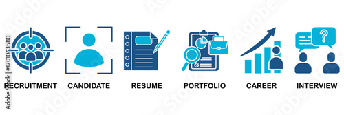 Recruitment icon set In Blue Monochrome Flat Design, Vector Illustration concept relate to icon of headhunting, candidate, resume, portfolio, career, interview