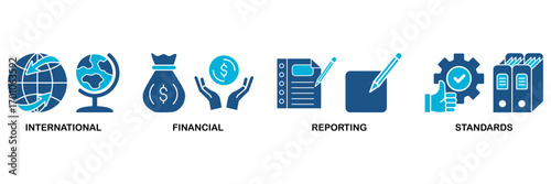 Ifrs icon set In Blue Monochrome Flat Design, Vector Illustration concept relate to icon of international financial reporting standards with icon of global, network, money, documents, books, and writi