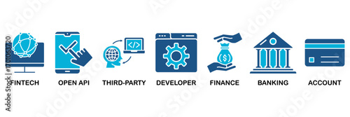 Open banking icon set In Blue Monochrome Flat Design, Vector Illustration concept relate to icon of financial technology with an icon of the fintech, coding, open API, finance, banking, third party de