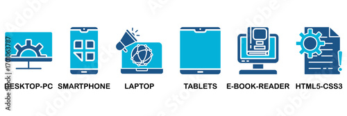 Responsive web design icon set In Blue Monochrome Flat Design, Vector Illustration concept relate to icon of desktop-pc, smartphone, laptop, tablets, e-book-reader and html5-css3
