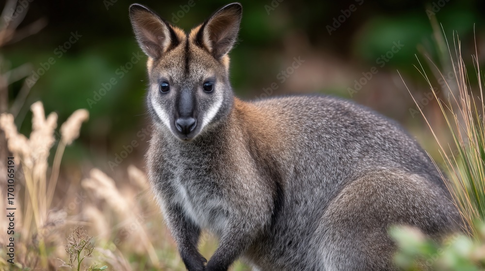 Naklejka premium Agile Wallaby Portrait in Natural Habitat, Peaceful Wildlife, Brown Fur, Australian Wildlife, Nature Photography