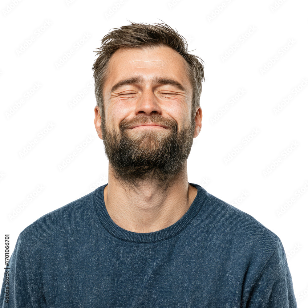 Obraz premium A man with a beard and closed eyes, smiling serenely against a transparent background. background removed