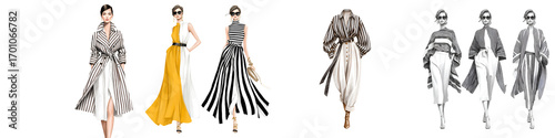Fashion Illustration Set: Stylish Women in Coats, Dresses and Trousers, Watercolor and Ink