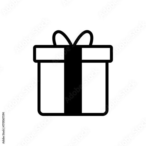 Simple black and white illustration of a gift box with a ribbon.