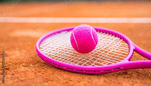 Vibrant pink tennis equipment on a clay court, symbolizing hope and support for breast cancer awareness through a charity sports event