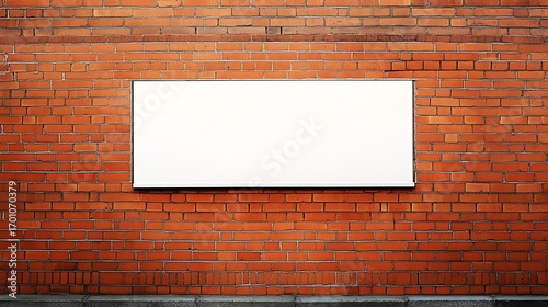 Blank white billboard or sign on old red brick wall in urban environment