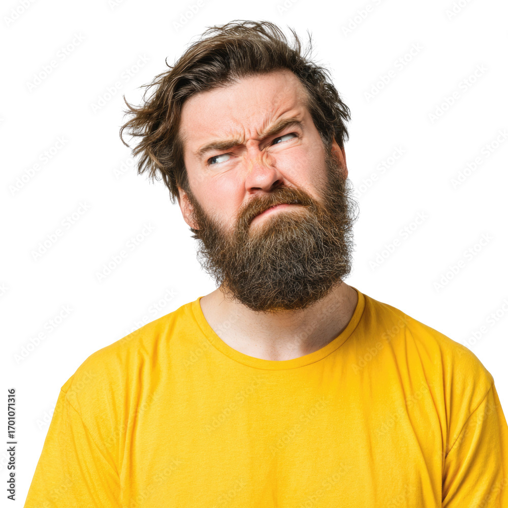 Fototapeta premium A bearded man with a skeptical expression looks upwards, conveying doubt or confusion. background removed