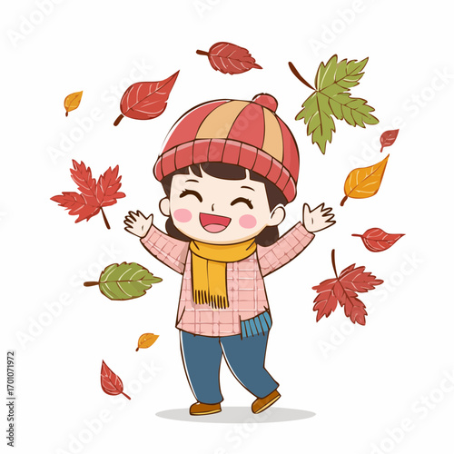 giggling autumn child vector illustration for seasonal greeting cards
