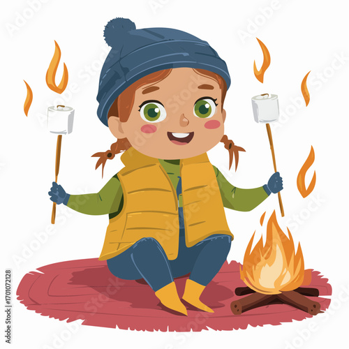 fire-pit storyteller child vector illustration for autumn greeting cards