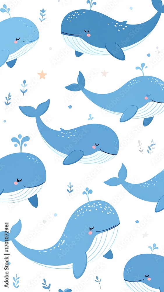 Naklejka premium Cute, stylized blue whales swim in a cheerful, repeating pattern against a crisp white background.