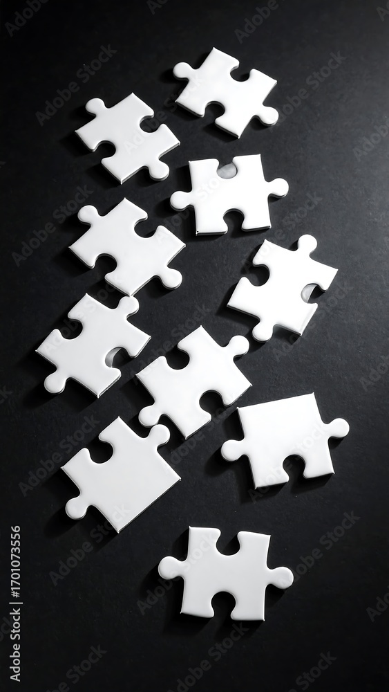 Naklejka premium White jigsaw puzzle pieces scattered on a dark background, showcasing a fragmented and incomplete image.