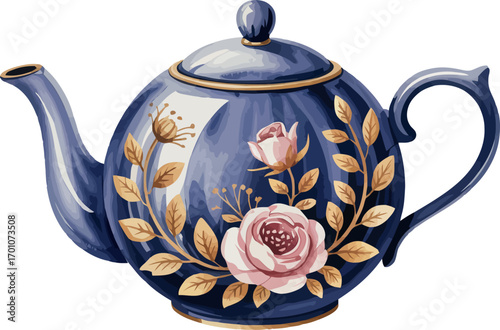 This beautifully detailed illustration showcases an ornate blue teapot adorned with delicate pink roses and golden leaves, exuding elegance and classic charm.