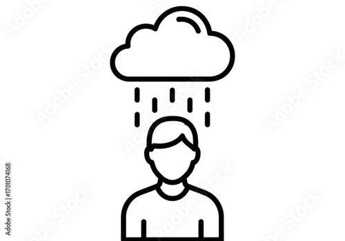 Minimal icon of a person under a raincloud, no background, no shadow, black line  PNG