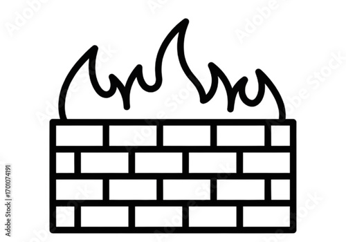 Minimal icon of a firewall wall with flames, no  background, no shadow, black line style PNG