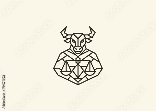 A geometric line art logo of a Minotaur with scales of justice, symbolizing fairness, myth, strength, and destiny