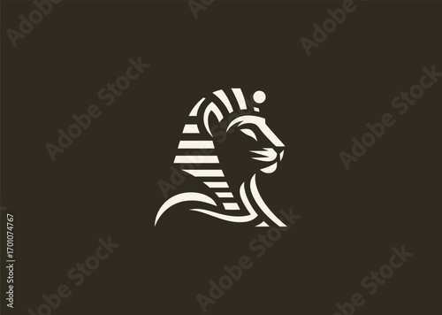 A simple minimalist silhouette logo of a tiger wearing an Egyptian pharaoh headdress, symbolizing royalty, power, courage, and ancient mysticism