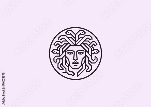 A geometric line art logo of Medusa with snake hair, symbolizing mystery, transformation, danger, and mythological power