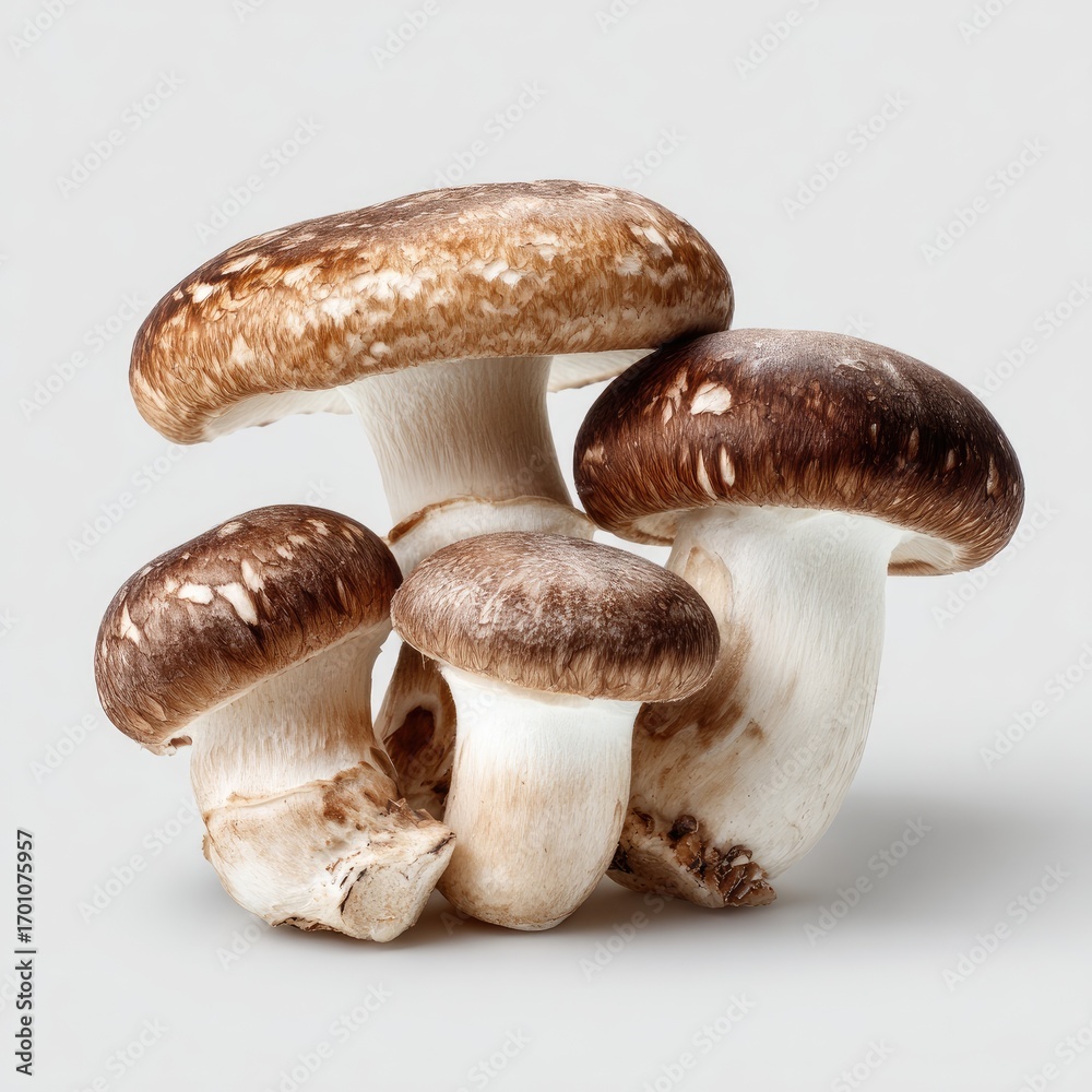 Fototapeta premium Close-up of four fresh mushrooms, light brown caps, white stems, clustered together against a plain gray background