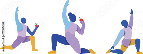 Fitness Yoga Vector Illustration — Abstract People Stretching with Apples, Healthy Lifestyle on White