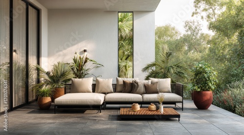 Modern outdoor patio with a beige sectional sofa, planters, and a wooden coffee table. Sunlight streams through the glass doors of the house. Lush greenery and palm trees are visible in the background