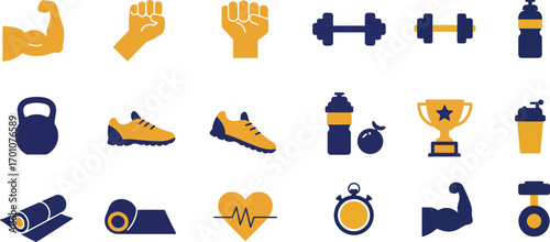 Fitness Essentials: A vibrant collection of fitness icons showcases the core elements of a healthy lifestyle, from equipment to indicators of progress and achievement. 