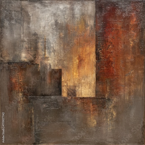 Abstract cityscape, muted tones of gray, brown, and rust.  A layered composition with geometric shapes suggests urban structures