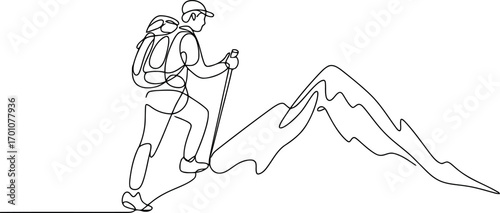 This continuous line art drawing captures a hiker with a backpack and trekking pole climbing a detailed mountain, emphasizing the rugged terrain and the effort involved. 