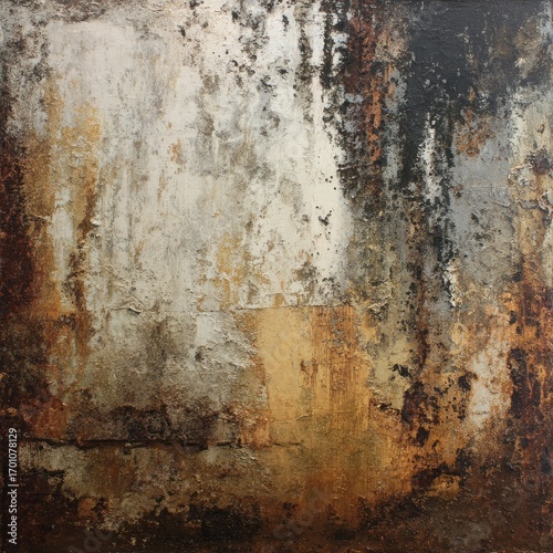 Abstract painting, textured with varied tones of beige, brown, and gray.  Layers and marks suggest a weathered surface, with light and dark areas contrasting