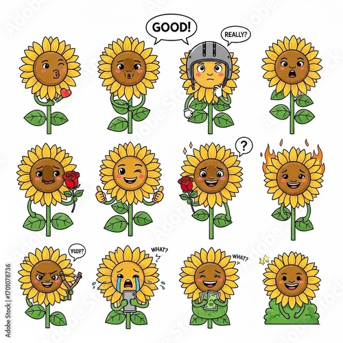 Diverse Set of Sunflower Emoji Characters Expressing Various Emotions and Activities, Cute Cartoon Style on White Background for Stock Illustration