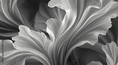 Abstract grayscale image of flowing, leaf-like forms.  Detailed, intricate textures create a sense of movement and volume.  Soft light highlights the delicate structures