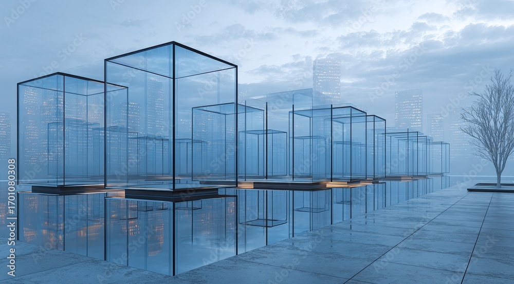 Obraz premium Glass-enclosed cityscapes reflected on a misty plaza