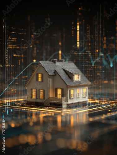 Miniature house model, digital overlay of city lights and financial charts