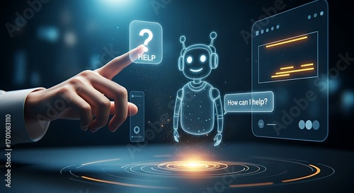 Instant customer support and chatbot concept. A hand touches a 