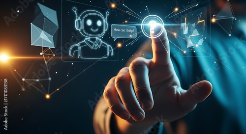 Instant customer support and chatbot concept. A hand touches a 