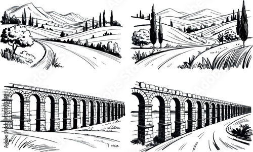This collection of monochrome sketches showcases serene Italian countryside scenes with rolling hills, cypress trees, winding roads, and historic aqueducts. 