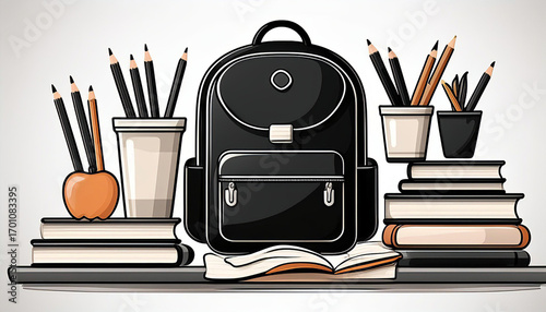 Backpack, books, pencils and apple representing back to school concept