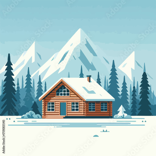 Alaskan log cabin with a simple and minimalist flat design using a white background