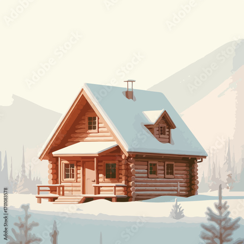 Alaskan log cabin with a simple and minimalist flat design using a white background