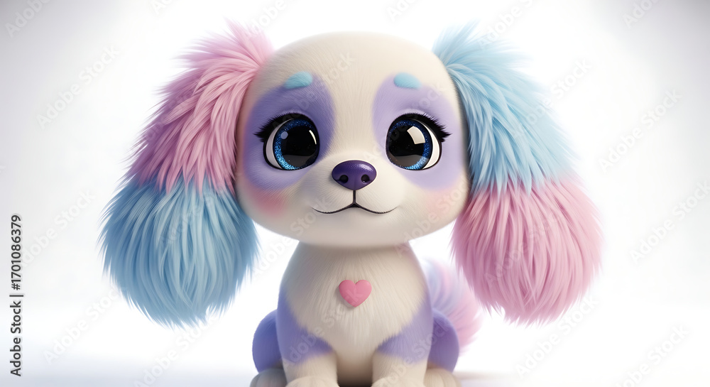Obraz premium Adorable cartoon puppy with pastel pink and blue fluffy ears and big, expressive eyes, sitting against a white background.