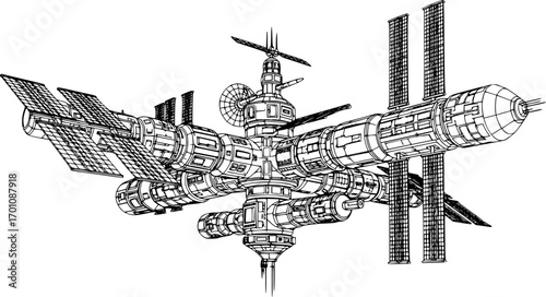 silhouette vector of Intricate black and white sketch of a futuristic space station isolated on white background svg png
