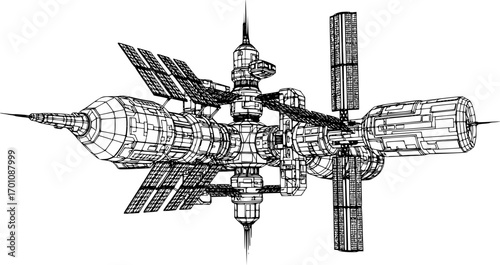 silhouette vector of Intricate black and white sketch of a futuristic space station isolated on white background svg png