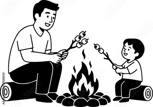 silhouette vector of  Father and child roasting marshmallows around campfire enjoying silhouette graphic illustration on white background svg png
