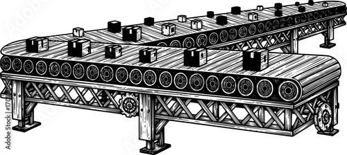silhouette vector of  Intricate woodcut style illustration showcasing a conveyor belt
on white background svg png