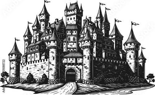 silhouette vector of Detailed Woodcut Illustration of a Grand Medieval Castle isolated on white background svg png