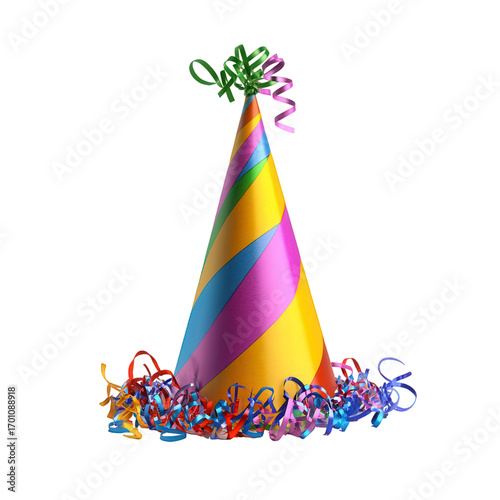 Colorful party hat with a rainbow stripe on it